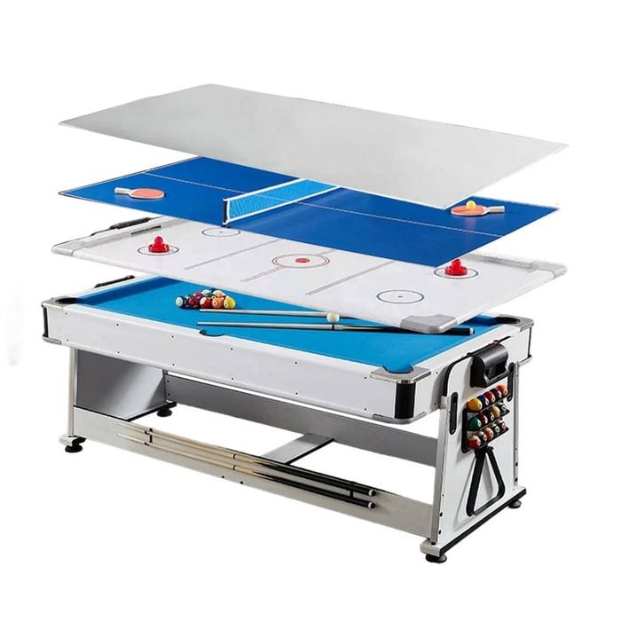 Leaf Living Versa 2026 4-in-1 8ft Convertible Table White Frame Air Hockey Pool Dining Tennis - Blue Felt