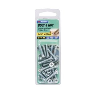 Zenith 3/16" x 25mm Zinc Plated Countersunk Bolt And Nut - 18 Pack