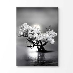 Amazing Night View of Tree on Lake with Full Moon Print 100% Australian Made 120x90cm (Stretched Canvas)