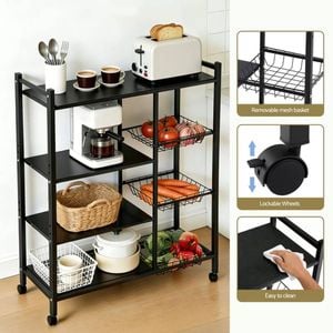 Homfurn 4-tier Kitchen Storage Rack – Adjustable Shelves, 3 Mesh Baskets, Lockable Wheels, 80x32x108cm