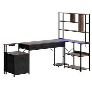 Artiss 200cm L Shaped Gaming Desk Computer Desk With Led Lights & Power Outlets For Home Office