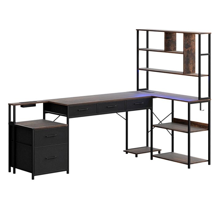 Artiss 200cm L Shaped Gaming Desk Computer Desk With Led Lights & Power Outlets For Home Office
