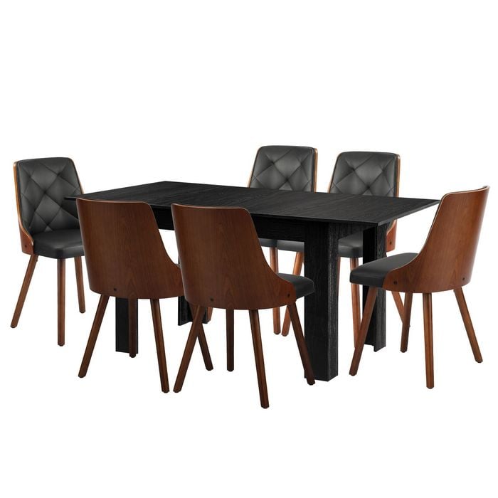 Oikiture 7PCS Dining set 160cm Extendable Dining Table with Dining Chairs PU Leather Black