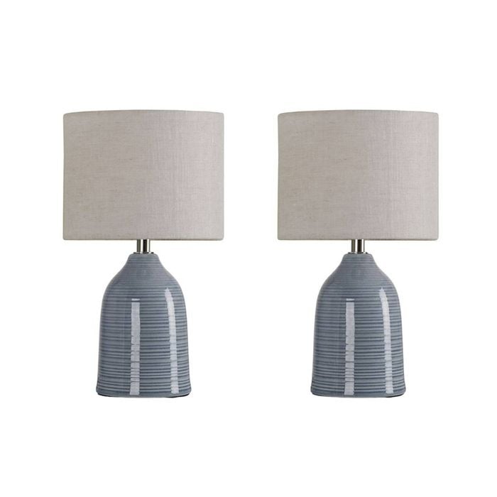 Tsai Bloom Table Lamp Set Of 2, Handmade Ceramic With Linen Shade – Duck Egg