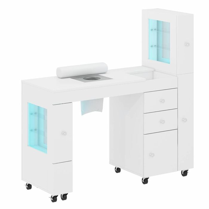 Advwin Manicure Table with LED Light Display Cabinet Dust Collector Vanity Desk White