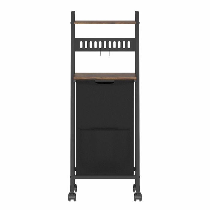 Ufurniture Laundry Hamper with 2-Tier Shelves, Hooks, 54L Laundry Basket with Wheels, Removable Inner Bag, Rustic Brown + Black