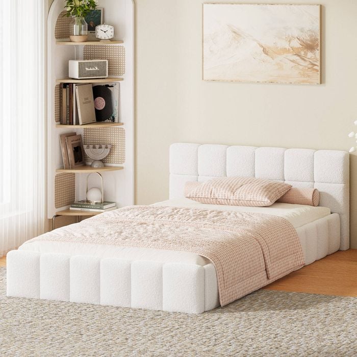 Oikiture Bed Frame King Single Size Tufted Headboard White Boucle