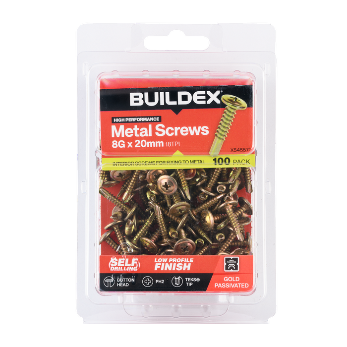 Buildex 8G x 20mm Gold Passivated Sheet Metal Screws - 100 Pack