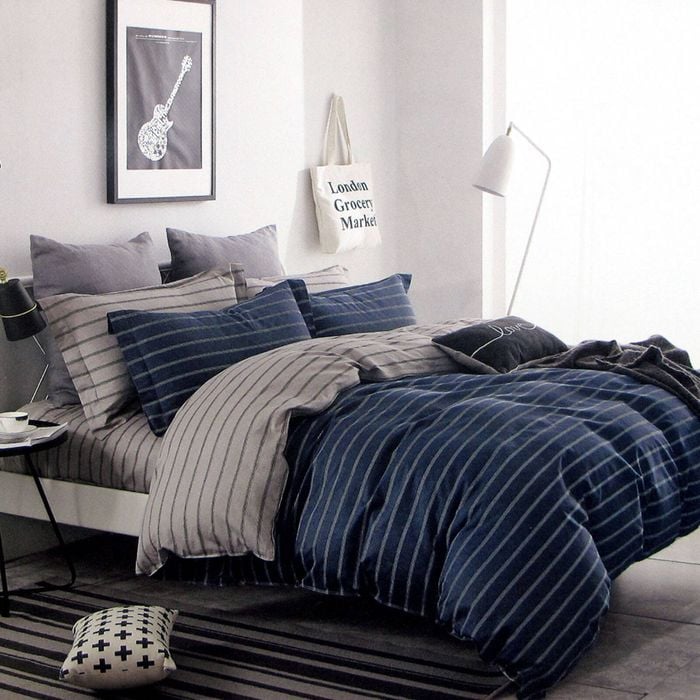 300tc Brian Navy Striped Reversible Cotton Quilt Cover Set Queen