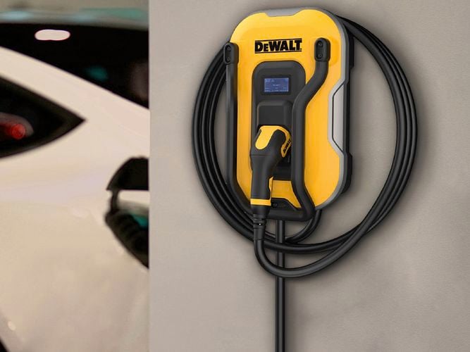DeWalt-branded electric vehicle (EV) charging plug being connected to a car.