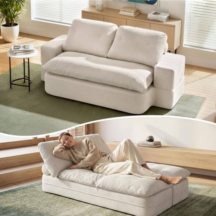 Homfurn Convertible Folding Sofa Bed 2-seater Corduroy 30d High-density Foam Boneless Couch Beige