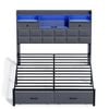Ufurniture Bed Frame with LED Lights & Charging Station Display Shelf Upholstered Headboard 2 Underbed Storage Drawers Queen