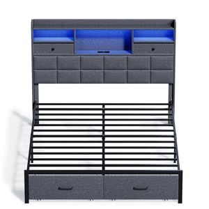 Ufurniture Bed Frame with LED Lights & Charging Station Display Shelf Upholstered Headboard 2 Underbed Storage Drawers Queen