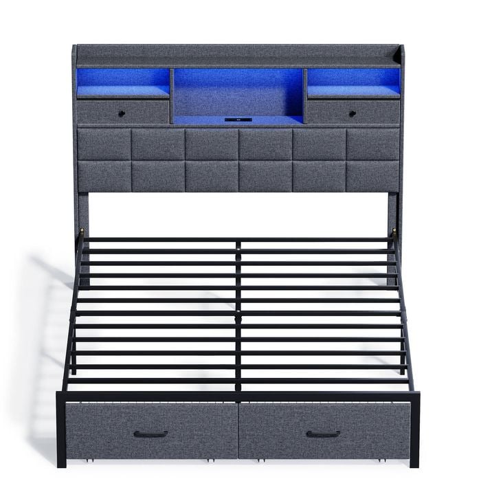 Ufurniture Bed Frame with LED Lights & Charging Station Display Shelf Upholstered Headboard 2 Underbed Storage Drawers Queen