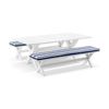 Tahitian 2.1m Outdoor Aluminium Dining Setting White With Bench Seats & Navy Stripe Cushions