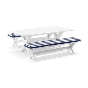 Tahitian 2.1m Outdoor Aluminium Dining Setting White With Bench Seats & Navy Stripe Cushions