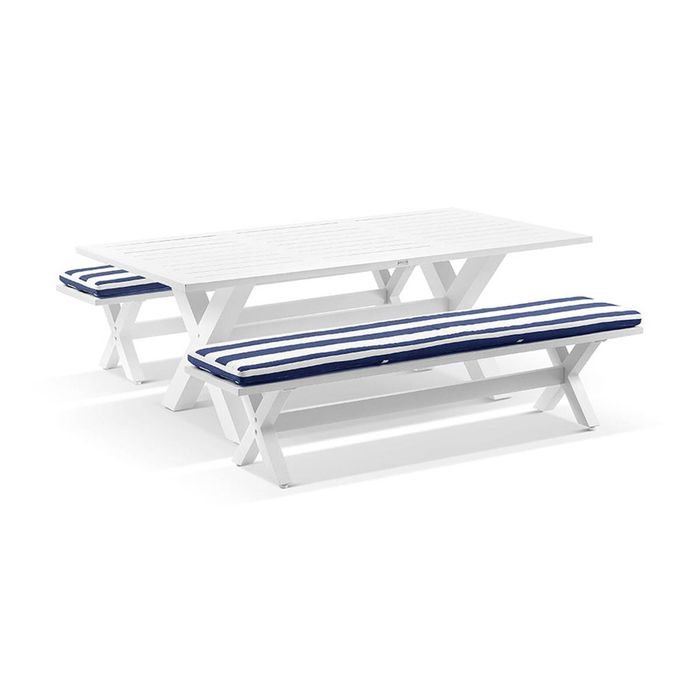Tahitian 2.1m Outdoor Aluminium Dining Setting White With Bench Seats & Navy Stripe Cushions