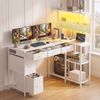 Advwin L Shaped Reversible Corner Computer Desk with LED Lights  Power Outlets Bookshelf 5 Fabric Drawer White