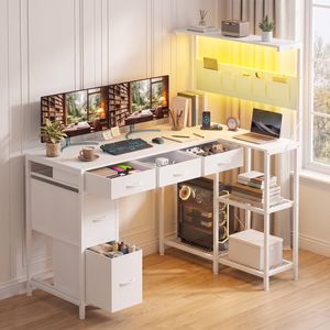 Advwin L Shaped Reversible Corner Computer Desk with LED Lights  Power Outlets Bookshelf 5 Fabric Drawer White