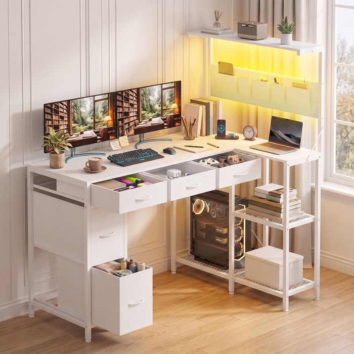 Advwin L Shaped Reversible Corner Computer Desk with LED Lights  Power Outlets Bookshelf 5 Fabric Drawer White