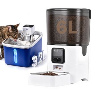 Advwin 6L Automatic Cat Feeder + 3.2L Stainless Steel Electric Drinking Dispenser with 3 Filters