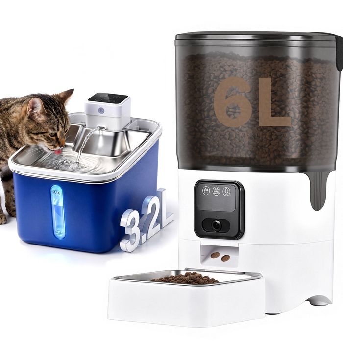 Advwin 6L Automatic Cat Feeder + 3.2L Stainless Steel Electric Drinking Dispenser with 3 Filters