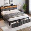 HOMFURN King Bed Frame with 2 Storage Drawers and LED Lights Headboard, Grey