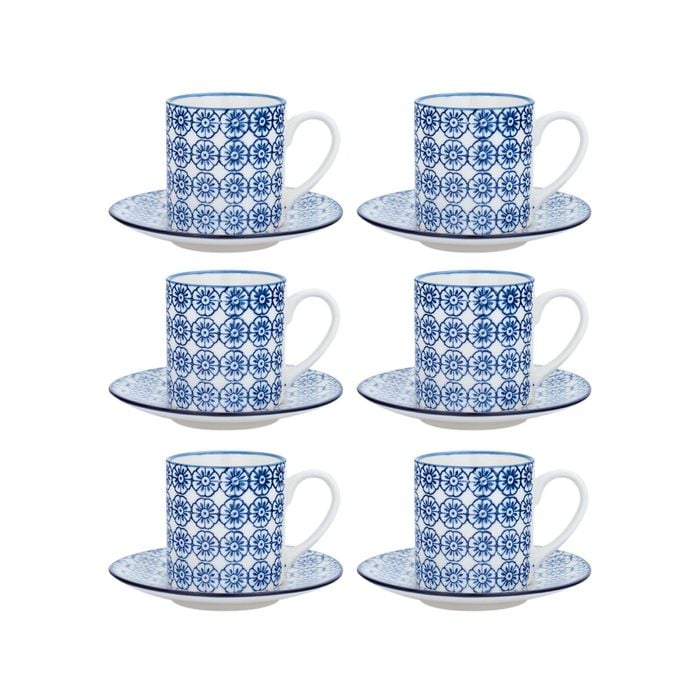 Nicola Spring Patterned Espresso Cup and Saucer Coffee Set - 65ml - Set of 6