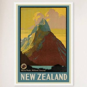 Galrie Milford Sound Vintage Travel Poster Captivating New Zealand Art for Your Home, White Frame, A3 30 x 42cm (12 x 16inch)