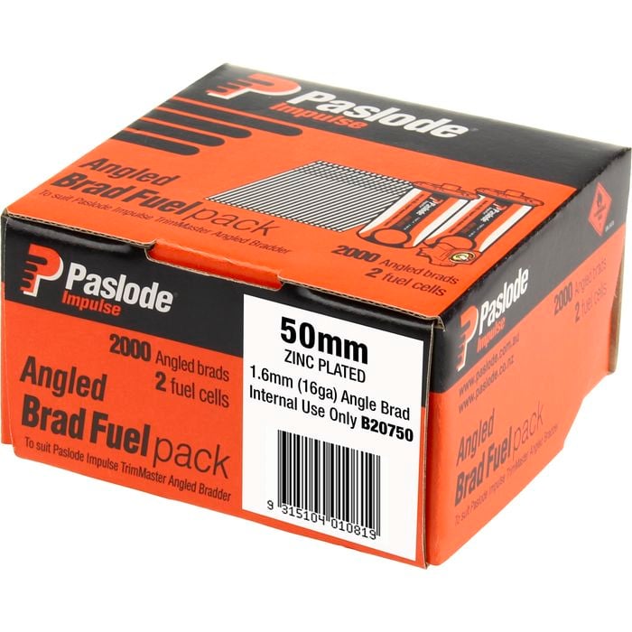 Paslode 50 x 1.6mm Impulse Zinc Plated Angled Brad Fuel - 2000 Pack