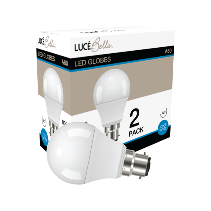 Luce Bella A60 B22 LED 806lm Cool White 8W Globe - 2 Pack