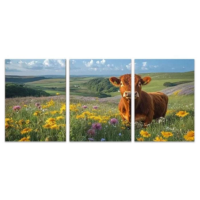 3pcs Highland Cows Frolicking with Wildflowers  Print 100% Australian Made 3 x 40x60cm (Metal Print)