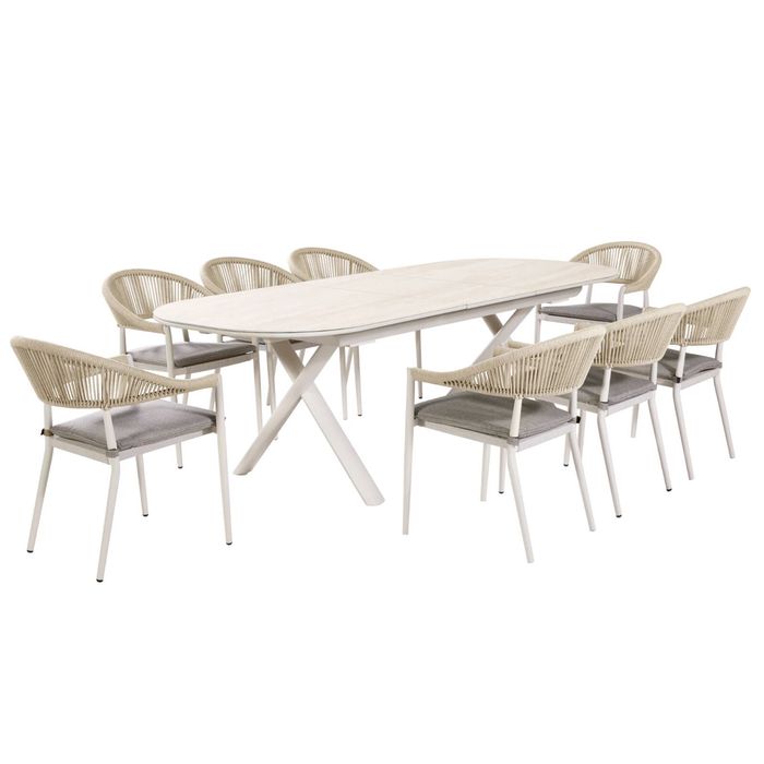 FurnitureOkay Nice-Malta 9-Piece Sintered Stone Outdoor Extendable Dining Setting - Sandstone