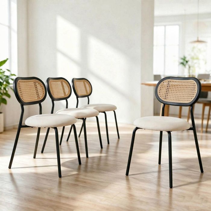 Bribrion Boho Rattan Dining Chairs Set Of 4 White Velvet