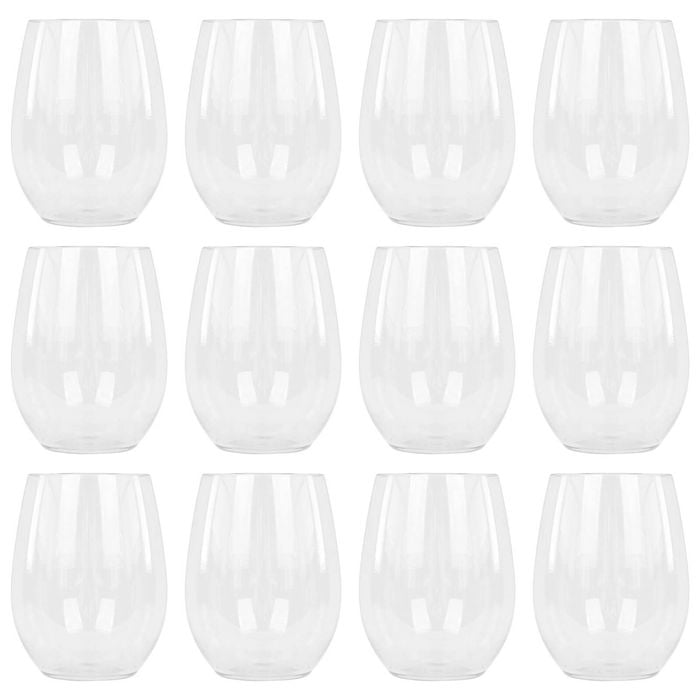 Argon Tableware 300ml Plastic Wine Glasses - Set Of 12 - Clear Reusable Stemless Cocktail Champagne Tumbler Drinking Cups
