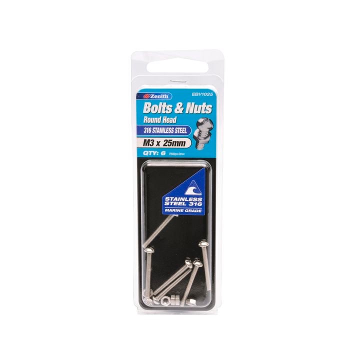 Zenith Bolt & Nut Round M 3x 25mm SS316 6pk
