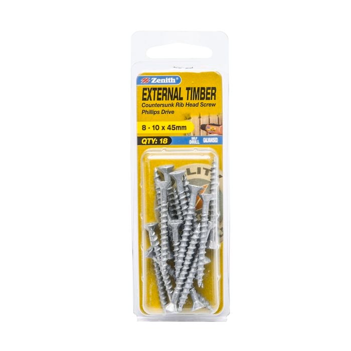Zenith 8 - 10 x 45mm Galvanised Countersunk Rib Head External Timber Screws - 18 Pack