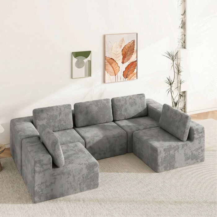 Advwin 415cm 5 Seater Sofa Convertible U Shaped Sofa Chenille Compressed Sofa Modular Couch No Assembly Grey