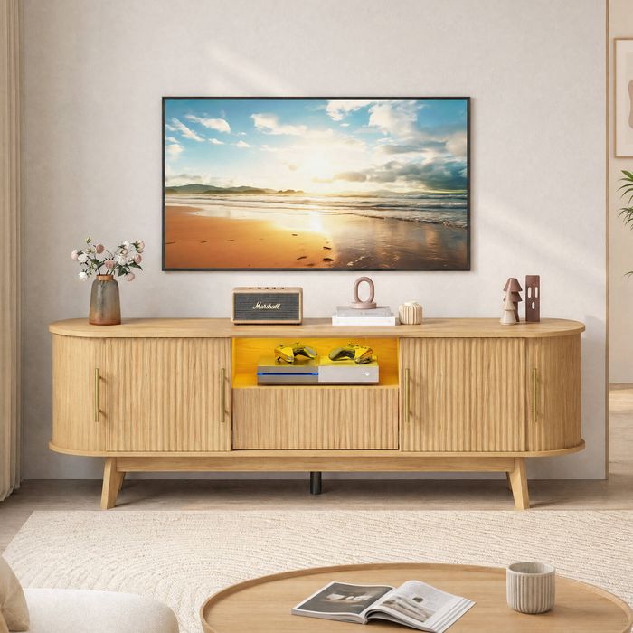 Advwin 157cm LED TV Unit Cabinet w/ Power Outlet Entertainment Center TV Stand w/ Drawer & Sliding Door Oak