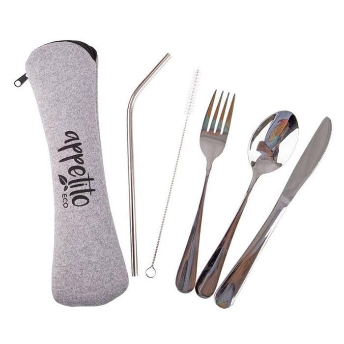 5pc Appetito Travellers Camping Stainless Steel Spoon/Fork Straw Cutlery Set