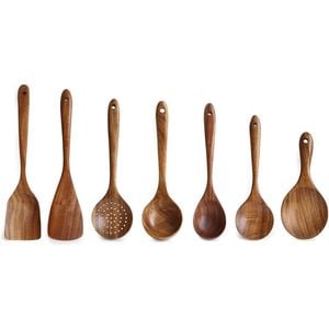 Catzon 7 Pcs Natural Teak Spatula Spoons Heat Resistant Nonstick Utensils