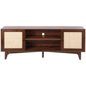 P&P Walnut Rattan TV Stand 75 Inch Boho Entertainment Unit with Power Outlet