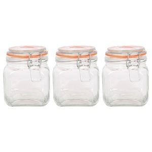 Argon Tableware Square Glass Jars with Clip-Top Lids - 760ml - Pack of 3