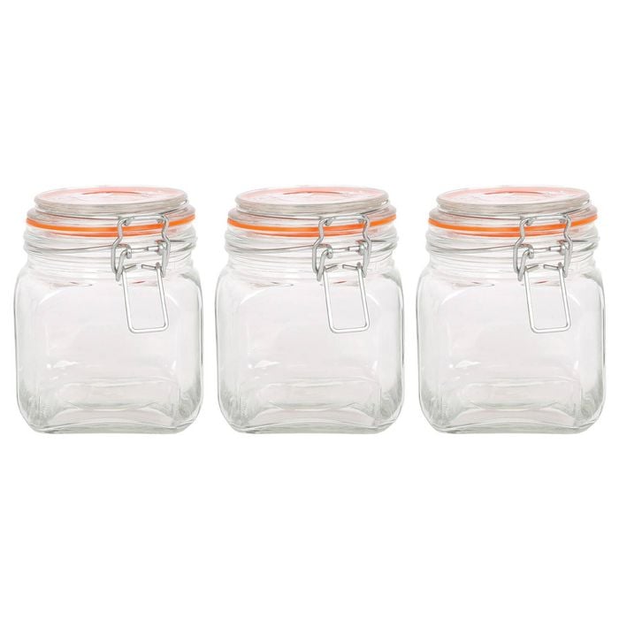 Argon Tableware Square Glass Jars with Clip-Top Lids - 760ml - Pack of 3