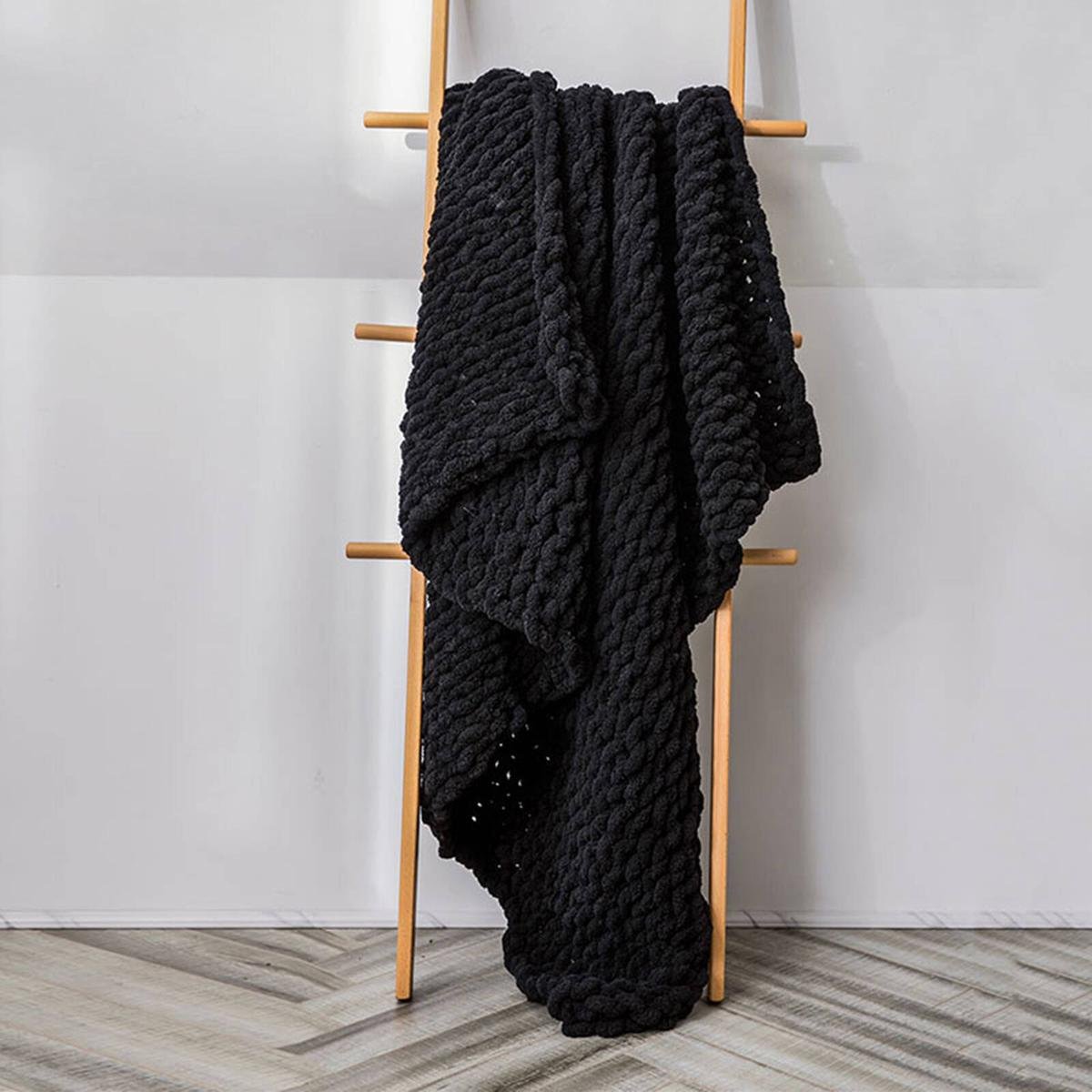 CottonMore Soft Knitted Chenille Chunky Yarn Blanket Throw Rug 130x160cm Black Bunnings Australia