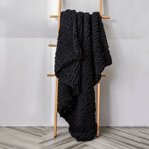 CottonMore Soft Knitted Chenille Chunky Yarn Blanket Throw Rug 130x160cm - Black