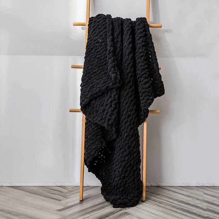 CottonMore Soft Knitted Chenille Chunky Yarn Blanket Throw Rug 130x160cm - Black