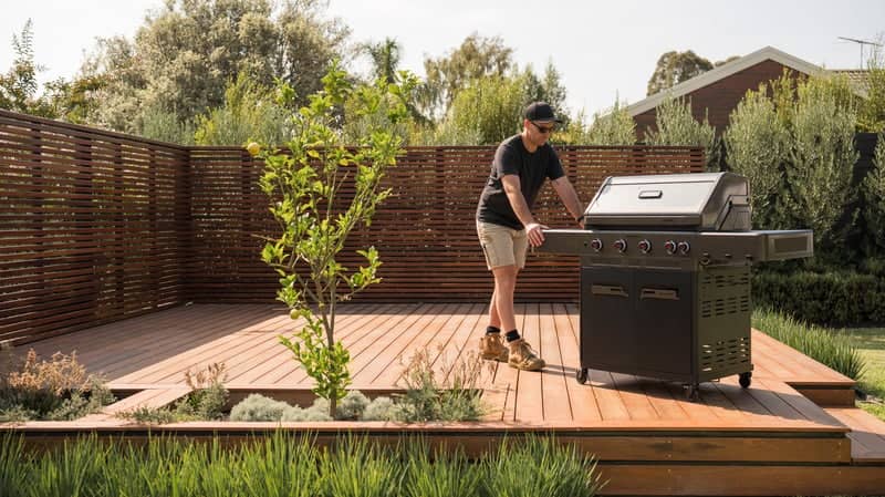 Man moving barbecue off deck