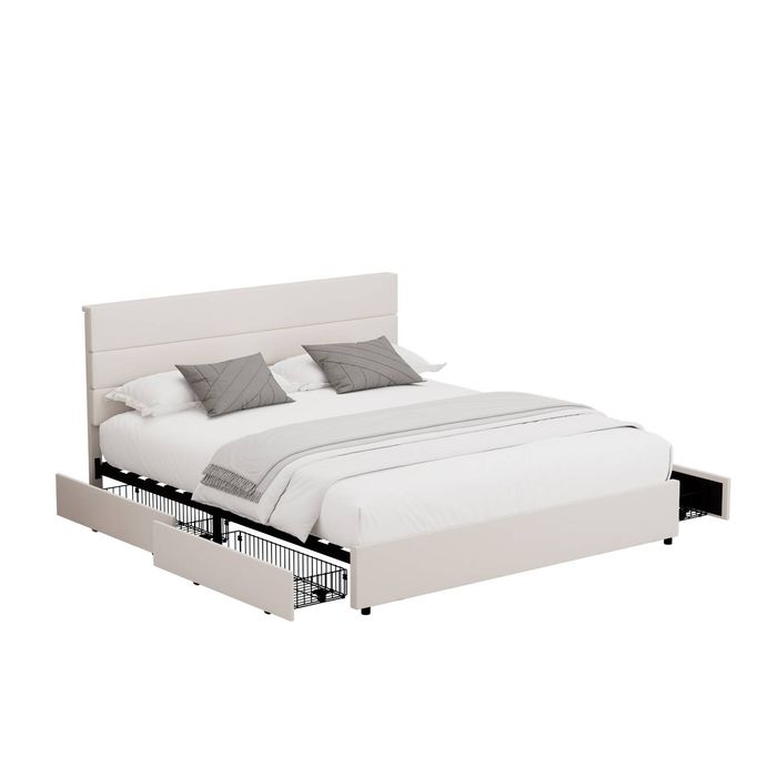 Oikiture Bed Frame King Size Headboard Beds with 4 Storage Drawers Beige