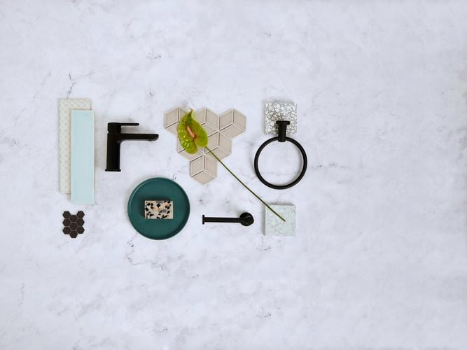 flatlay of tap, sink fixings